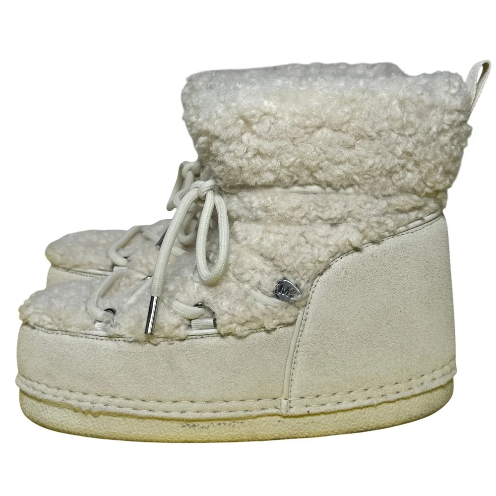 Size 7 - Michael Kors Zelda Shearling Suede Platform Snow Boots Lace Up Cream